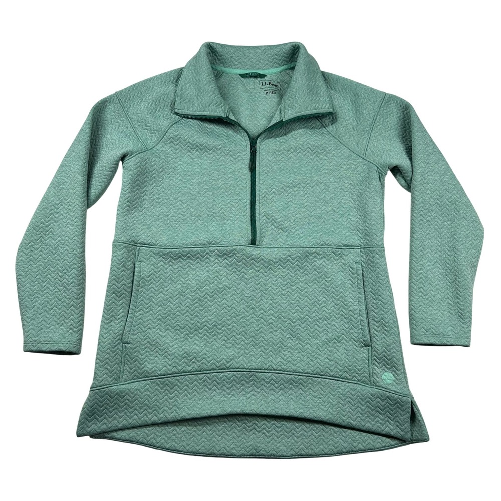 LL Bean 1/2 Zip Fleece Womens M Quilt Pullover Sage Green Chevron Texture Fleece